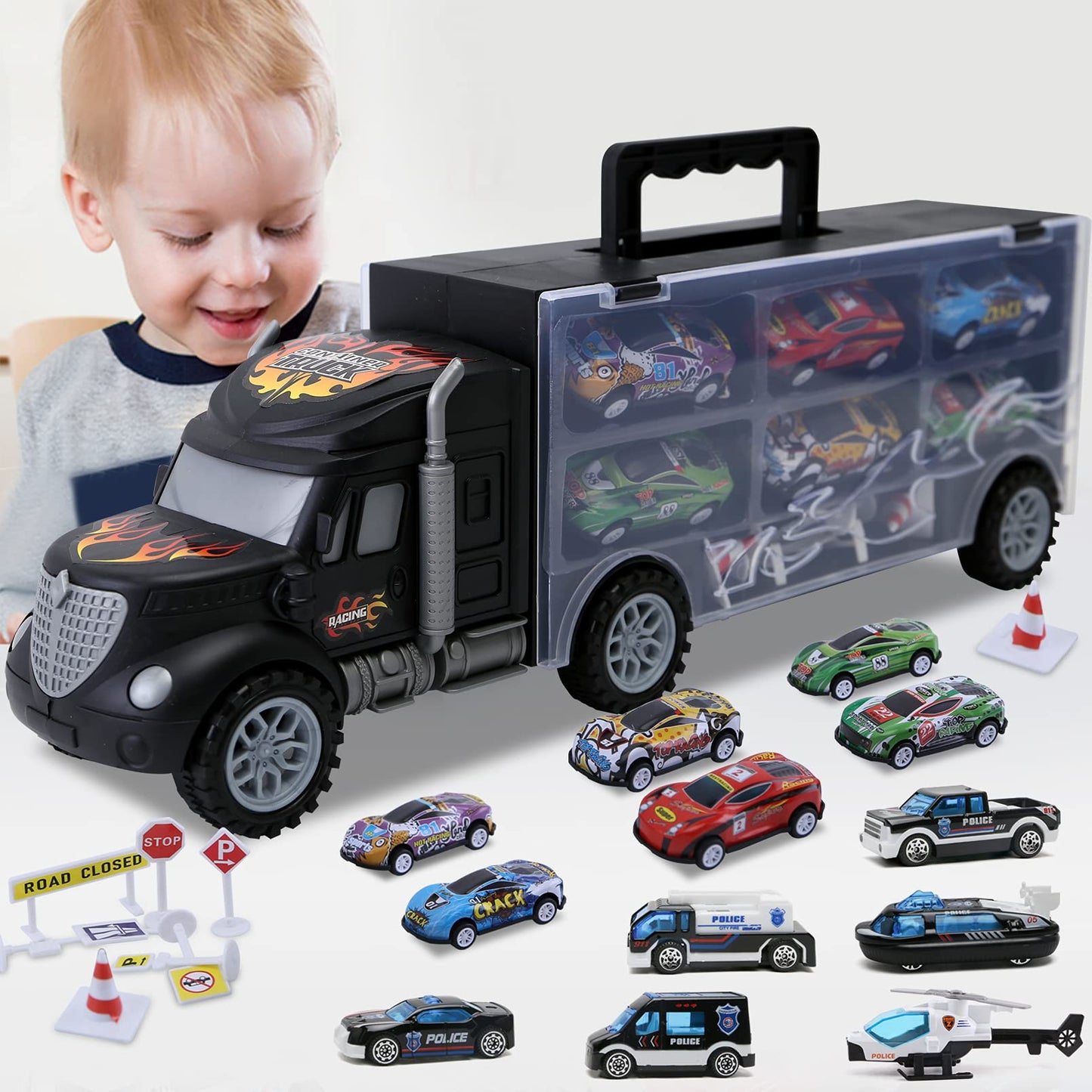 Toddler Toys for 3-4 Year Old BoysLarge Transport Cars Carrier Set Truck Toys with 12 Die cast Vehicles Truck Toys CarsIdeal Christmas Easter Gifts Toys for Kids Age 3-7