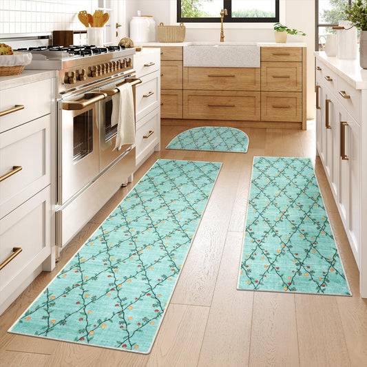 Sungea Farmhouse Kitchen Rugs Sets of 3 Kitchen Runner Rug Non Skip Washable Kitchen Mats for Floor Stain Resistant Diamond Carpet Runners for HallwayLaundryEntryway(Aqua)