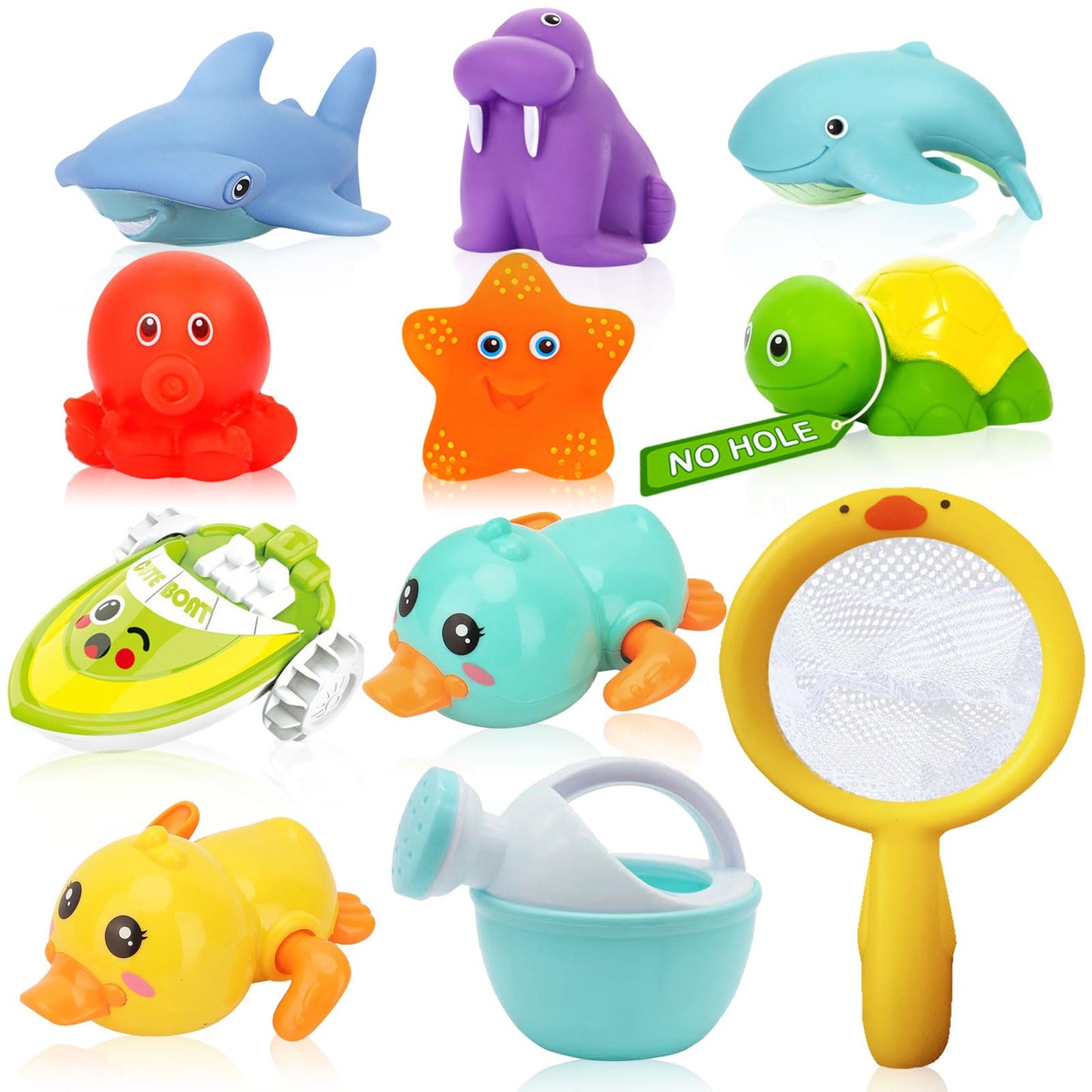 Juguetes de baño sin agujeros para bebés de 0 a 6-12 meses+, patitos nadadores de cuerda y barcos para niños de 1 a 3 años, juguetes de piscina para bebés, red de pesca, juguetes de agua, regadera, juguetes de baño para niños y niñas de 1 año en adelante.