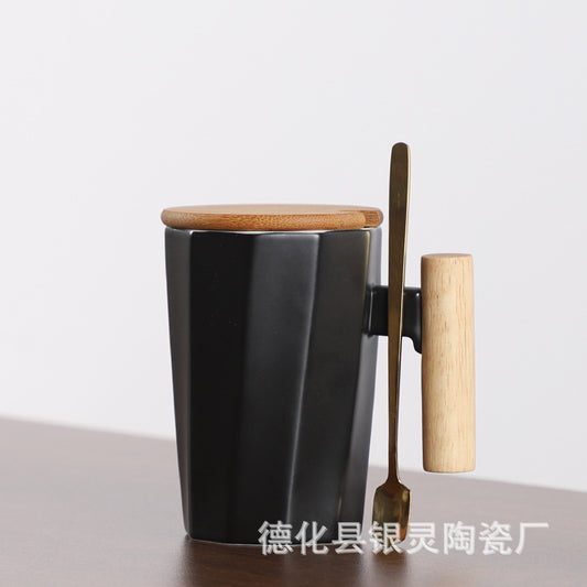 Customizable Ceramic Milk Mug with Wooden Handle