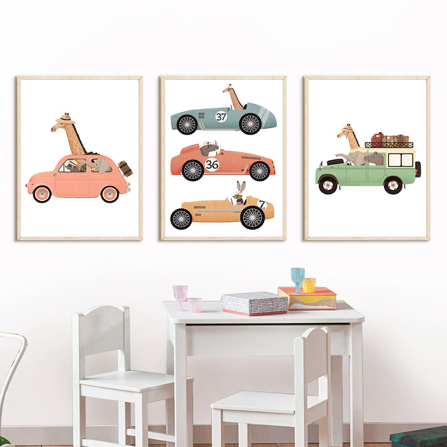 Lienzo de pared con dibujos de animales para coche de viaje para habitación infantil