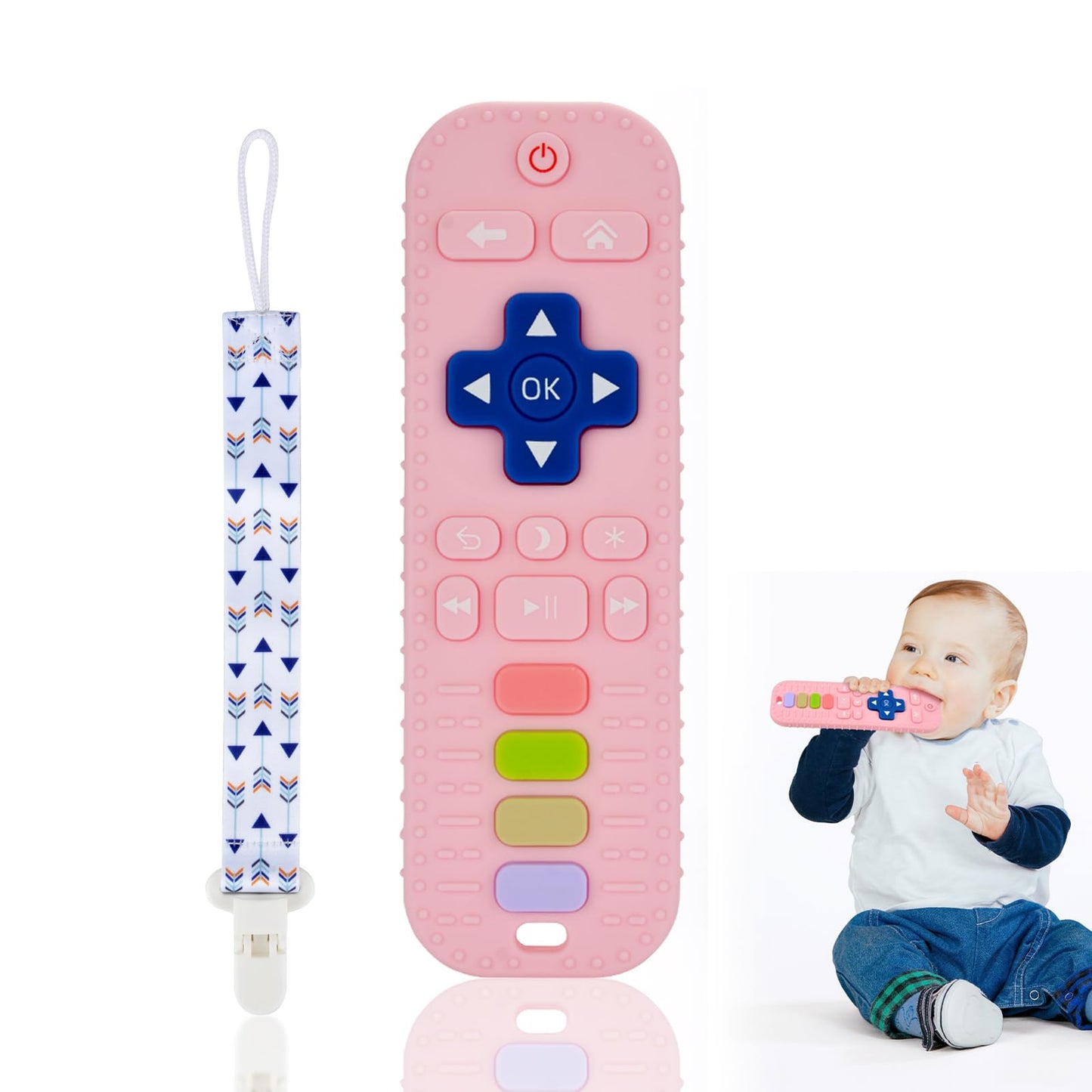 Juguetes de dentición de silicona para bebés, con forma de control remoto de TV, mordedores para bebés de 3 a 18 meses, niños y niñas, juguetes masticables para bebés, sin BPA, aptos para congelador, color rosa