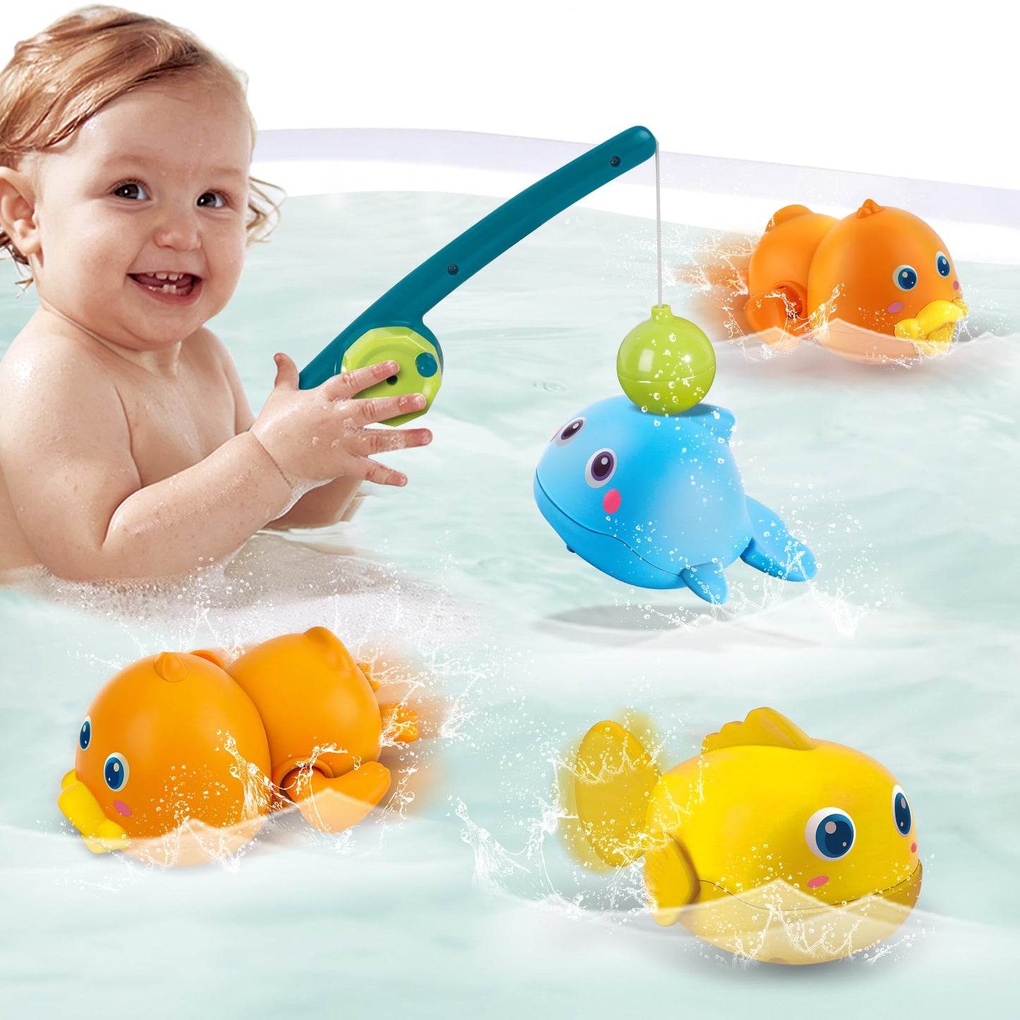 Dwi Dowellin Juguetes de baño para bebés pequeños, juegos de pesca magnéticos, juguetes de bañera para niños, sin moho, juguetes de cuerda, peces nadadores, patos, ballenas, juguetes flotantes de agua para niños y bebés.