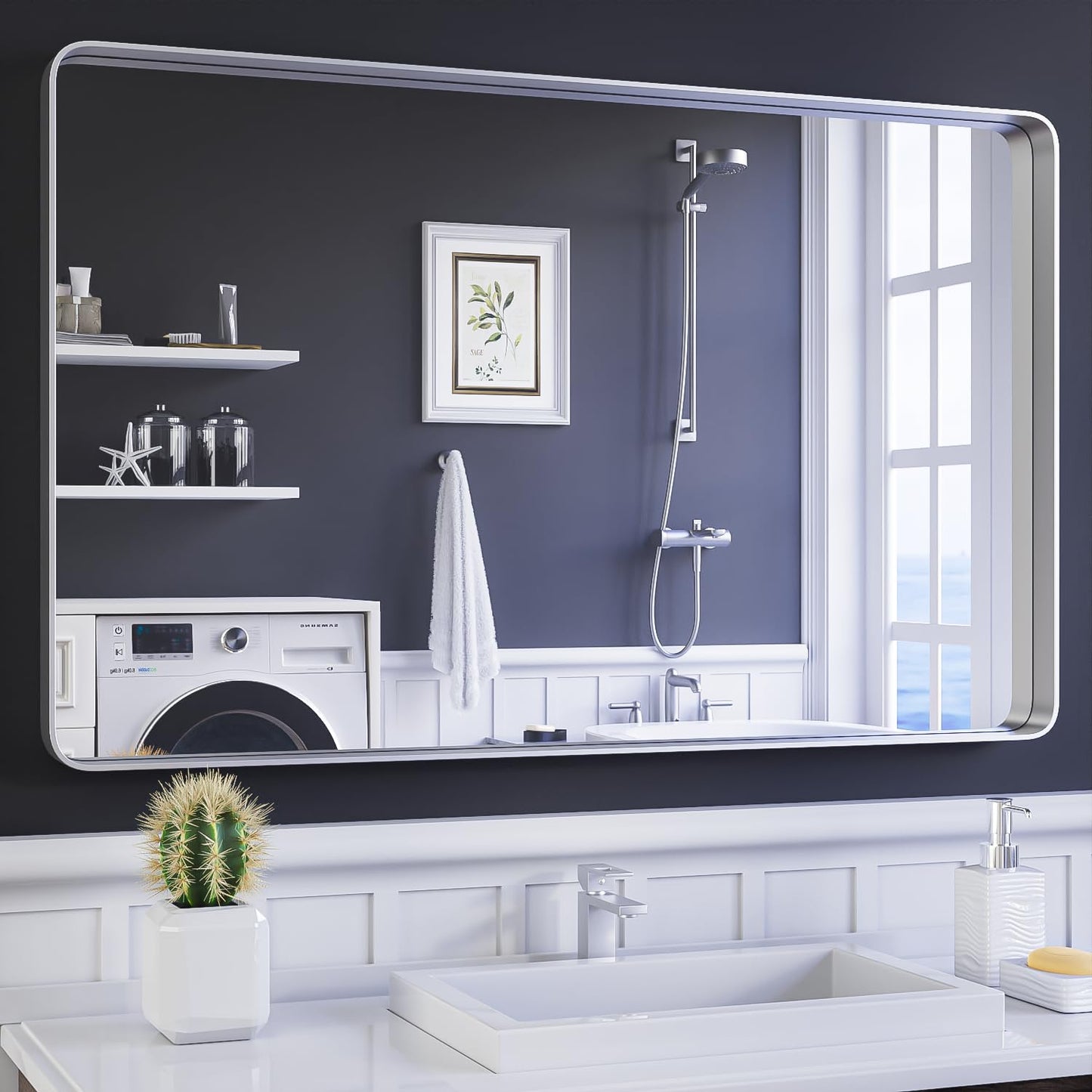 ISKM Espejo enmarcado en plata para pared, espejo de baño para pared de 48" x 30", espejo de tocador enmarcado mate, espejo rectangular redondeado de vidrio templado antioxidante (horizontal/vertical)