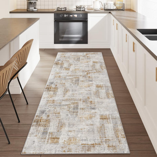 Eleisa Modern Abstract 2x8 Hallway Runner Rug Gold & White Non-Slip Washable Low Pile Rugs Vintage Rug Hallway Indoor Carpet for Kitchen Entryway and Laundry Room