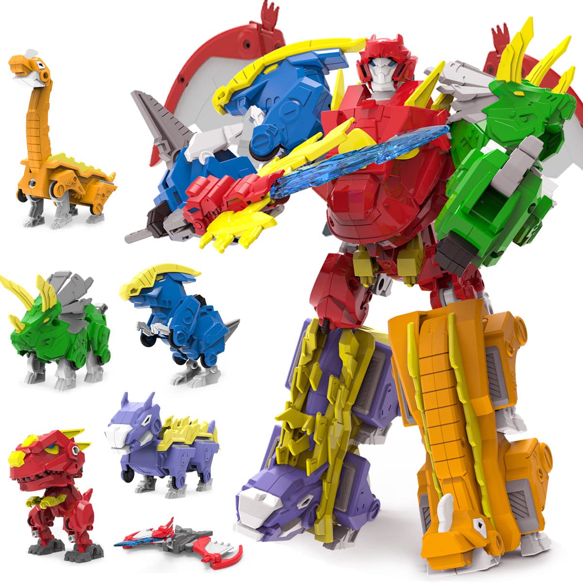 Wenbeier Robot Dinosaur Toys 6-in-1 Combined Large Robot Toys Take Apart Toys Including 6 Dinosaur Action Figures -Triceratops Deformation Toys for Kids Ages 6 7 8 9
