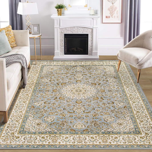 Washable Rug Living Room Rugs: 8x10 Area Rugs Large Machine Washable Non Slip Carpet Soft Floral Luxury Thin Carpets for Dining Room Bedroom Farmhouse Nursery Home Office Baby Blue