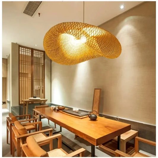 Handwoven Bamboo Pendant Chandelier – Vintage LED Ceiling Light for Dining & Living Room