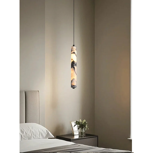 Luxury Stone Cylinder Pendant Lamp – High-End LED Chandelier for Bedroom & Living Room