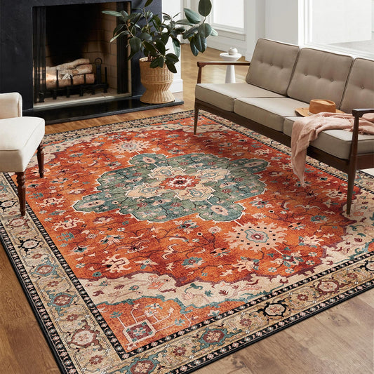 Castage 8x10 Area Rugs WashableBoho Rug for Living Room Bedroom Dining RoomLarge Vintage Bohemian Distressed Oriental Tribal Carpet Non SlipRetro Rust