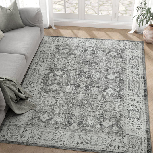 jinchan Area Rug 4x6 Washable Distressed Vintage Boho Carpet Indoor Floor Cover Non Slip Accent Living Room Rug Floral Classic Mat Soft Retro Carpet for Bedroom Dining Room Kitchen Decor Grey