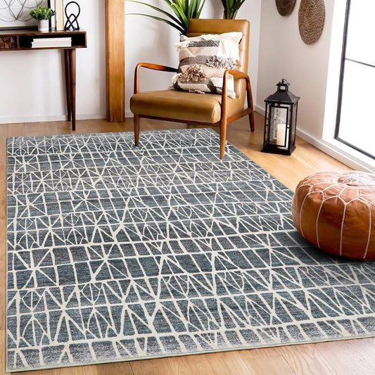 Mcadore 4x6 Washable Area Rugs Moroccan Vintage Design Rug Non Slip Carpet for Living Room Bedroom Kitchen Indoor Foldable Soft Low-Pile Boho Gradient Blue