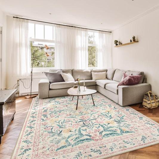 Morebes Large Rugs for Living RoomBoho Machine Washable Area Rugs 8x10Ultra-Thin Floral Rug Non SlipVintage Distressed Soft Carpet for Bedroom Office Dining RoomPink/Multi