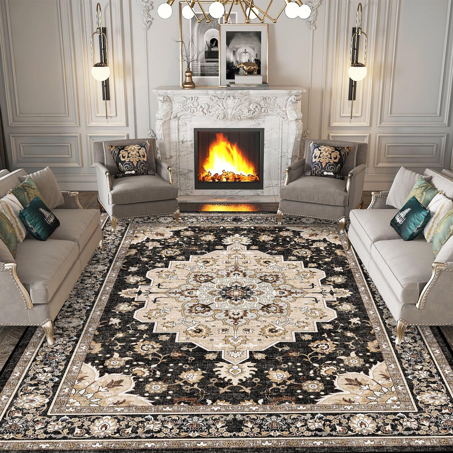 Washable 9 x 12 Area Rug - Waterproof Stain Resistant Medallion Soft Bedroom Rugs Distressed Design Non Shedding Carpet for Indoor Floor Coverings (9x12 Black)
