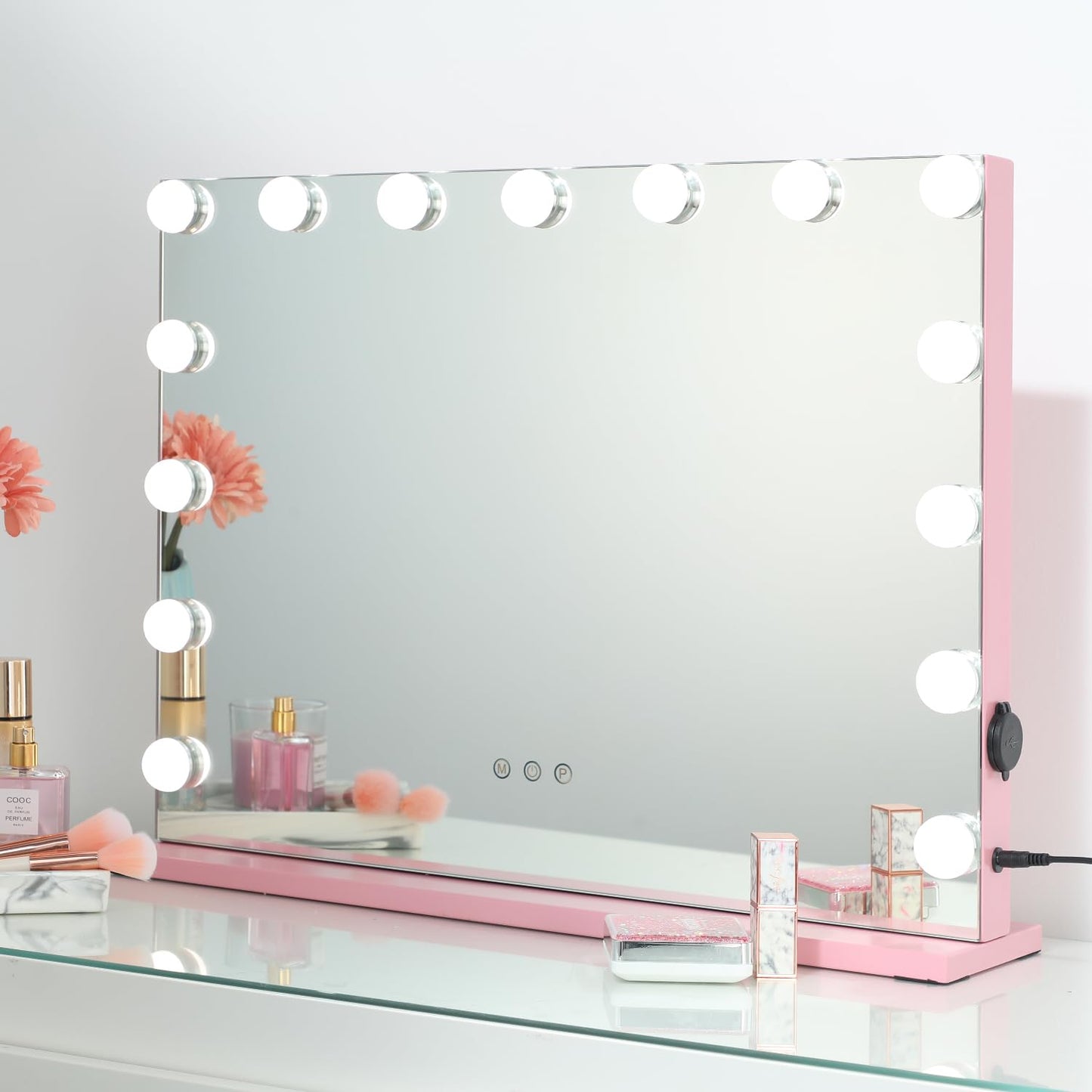 Espejo de vanidad SHOWTIMEZ Espejo de maquillaje con luces Espejo de maquillaje de vanidad Hollywood con luces LED Cargador USB Rosa 22.8x17.5 pulgadas.