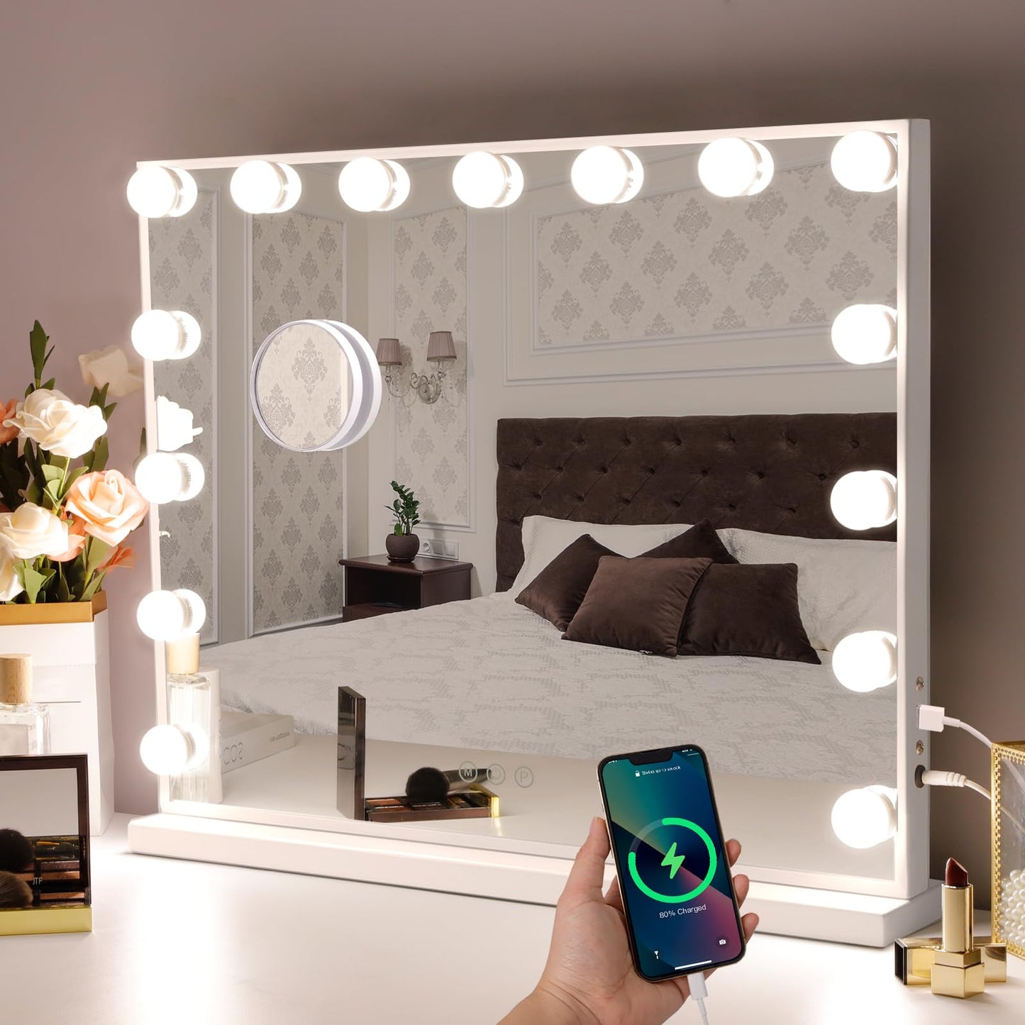 Espejo de tocador Hansong con luces 22x18 Espejo de maquillaje de Hollywood con 15 bombillas regulables, aumento de 10X y puerto de carga USB, blanco