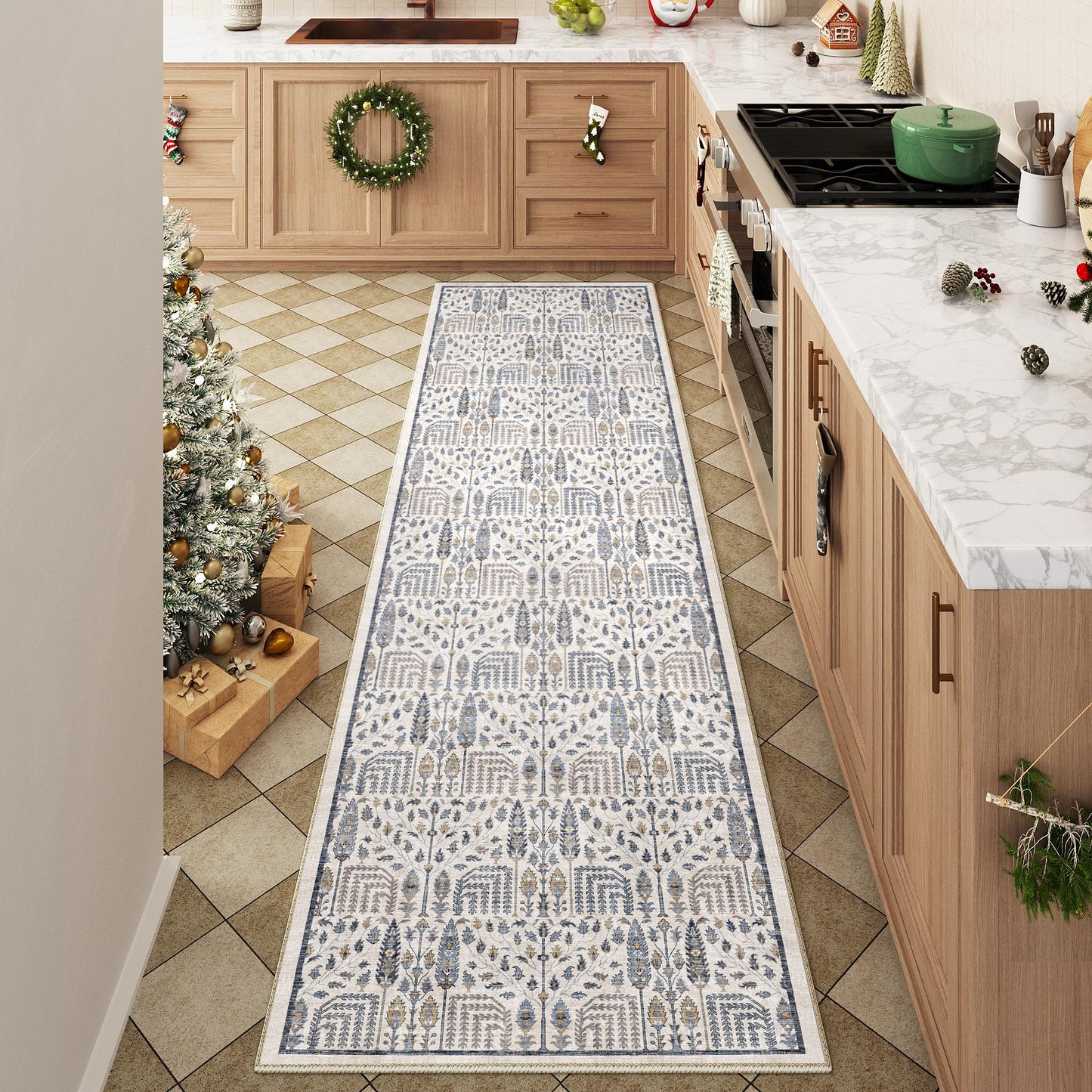 PureCozy Hallway Runner Rug 2x10 Washable Blue Kitchen Carpet Non Slip Boho Thin Floral Farmhouse Throw Accent Long Rug for Laundry Bathroom Office Bedroom
