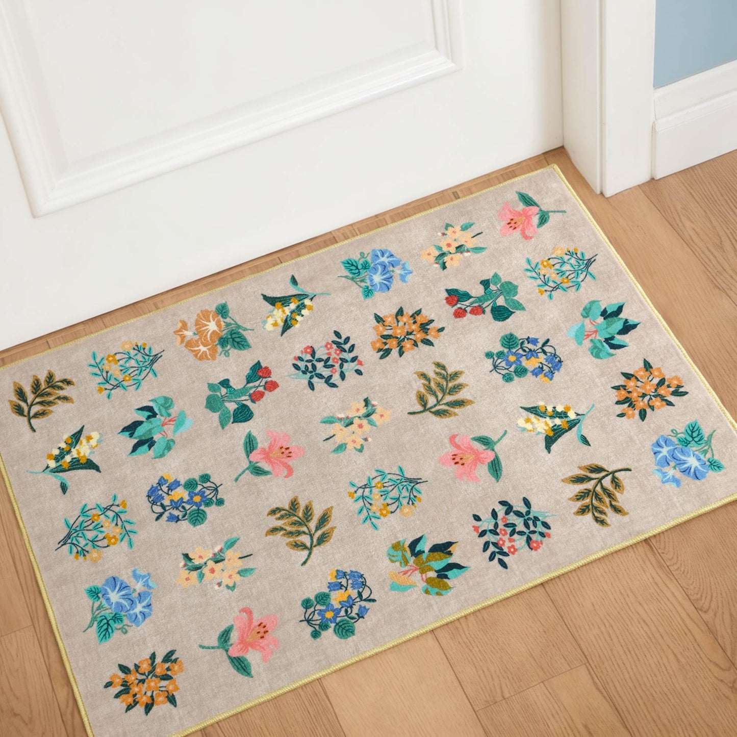 Alfombra beige floral de 2x3 lavable a máquina, alfombra pequeña antideslizante para entrada, felpudo interior, alfombra botánica de flores, alfombra de cocina boho, alfombras de pelo corto para dormitorio, baño, beige