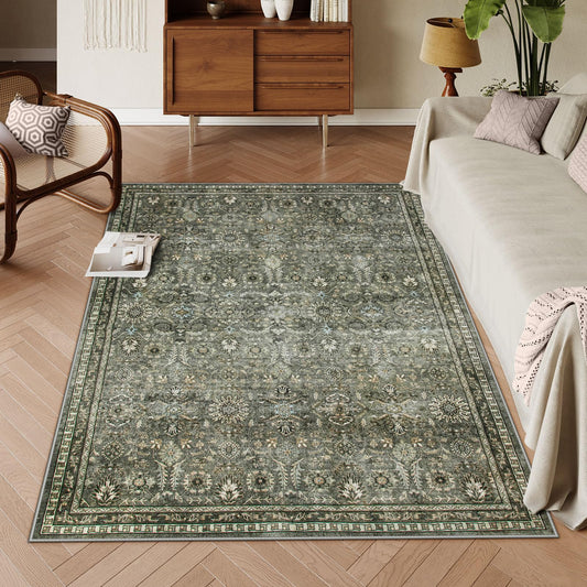 Lahome 5x7 Boho Bedroom Area Rug Soft Green Rugs for Living Room Washable Non Shedding Rug for Home Decor Vintage Disdressed Floor Carpets for Dining Room Dark Olive Green