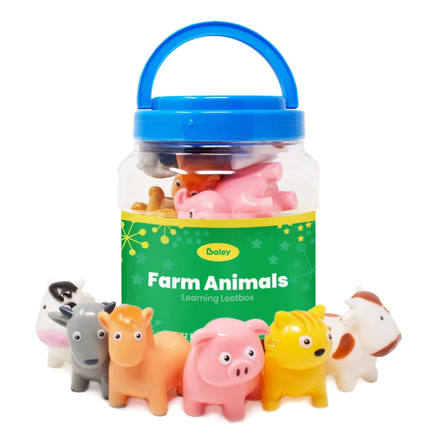 Boley Farm Animals Cubo de Juguetes para Baño - Incluye 12 Juguetes Coloridos y Divertidos para Bañera y Piscina para Niños Pequeños y Bebés de 2 Años en Adelante.