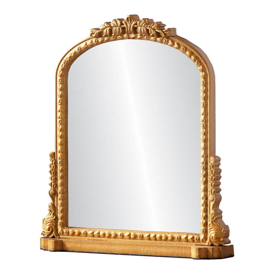 HuiDao Vintage Desk Makeup Mirror Vanity Mirror with Stand Antique Decorative Wood Retro Desktop Dressing Mirror Table Top Mirror for Countertop BedroomBathroom Living Room Gold