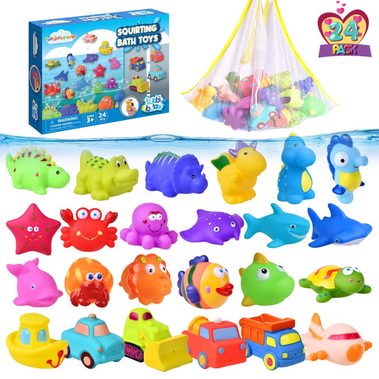 FUN LITTLE TOYS 24 Pcs Bath Toys for Toddlers Sea Animals & Cars Squirter Bath Toys No Mold Bathtub Toys with Storage Bag Baby Bath Toys for Pool Toddler Bath Toys for Kids Party Favors Age1-3