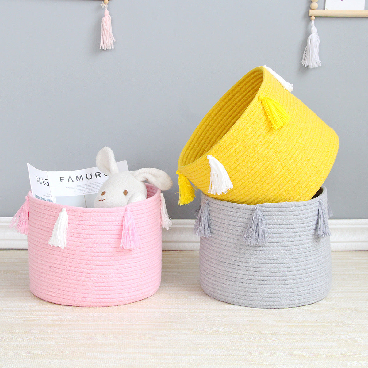 Handwoven Cotton Rope Storage Basket with Tassels