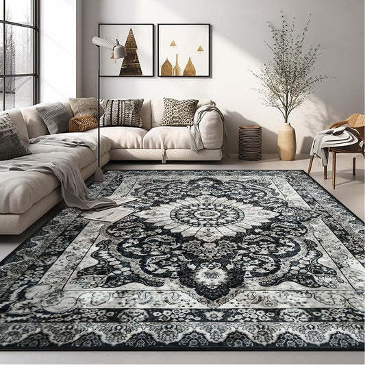 VFROO Area Rug 8x10 Washable Living Room RugVintage Soft Boho Area RugNon-Slip/Non-Shedding Print Floor Carpet for Dining RoomBedroom-Black