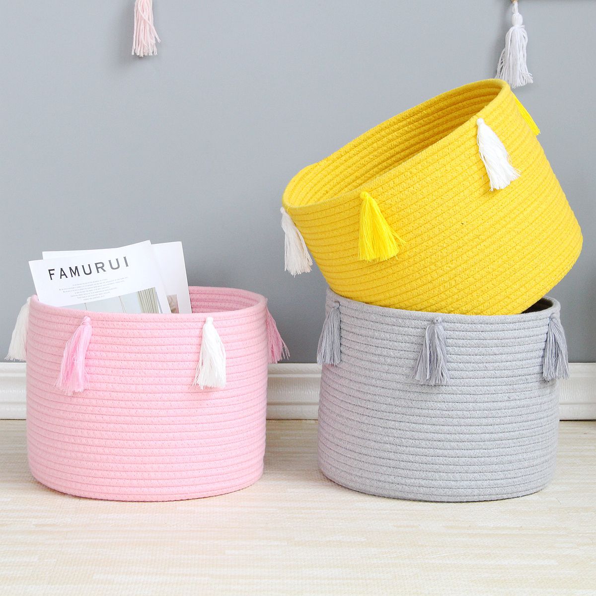 Handwoven Cotton Rope Storage Basket with Tassels