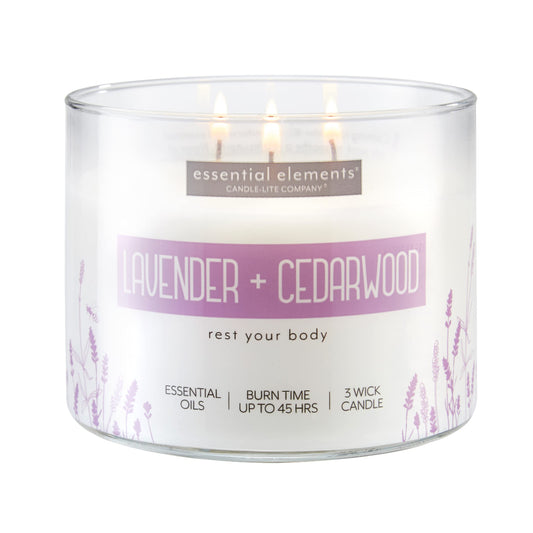 Essential Elements by Candle-lite Scented Candles Lavender & Cedarwood Fragrance One 14.75 oz. Three-Wick Aromatherapy Candle with 45 Hours of Burn Time Off-White Color