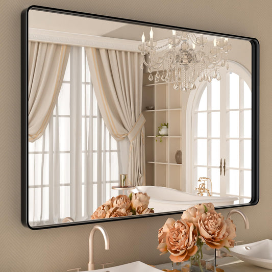 ISTRIPMF Black Bathroom Vanity Mirror 48x32 InchRounded Rectangle Matte Black Mirror for WallBlack Matel Frame Mirror for BathrooomFarmhouseTempered GlassHorizontal or Vertical