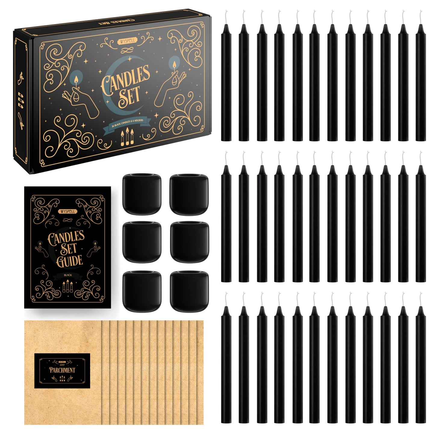 Wyspell - 36 Black Candles for Witchcraft | 5" Height & 1/2" Diameter | Candle Sticks for Witch Decor | 6 Spell Candle Holders | Shabbat Candles Bulk | Chime Candles | Wiccan Candles