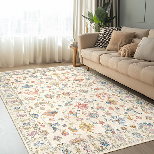 RELEANY 4x6 Area Rug Printed Washable Rugs for Living Room Non-Slip Floor Carpet Soft Boho Vintage Rug Low Pile Water Repellent for BedroomEntrywayKitchenIndoor Cream/White