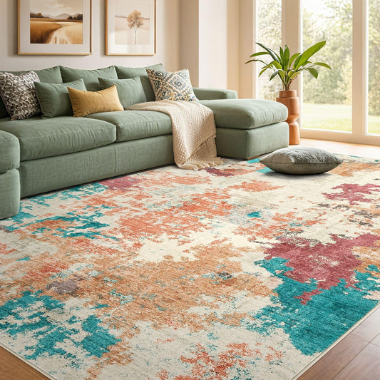 DMOYEST Living Room Area Rugs - 8x10 Washable Abstract Large Soft Indoor Rug Neutral Modern Low Pile Carpet for Bedroom Dining Room Farmhouse Home Office - Colorful