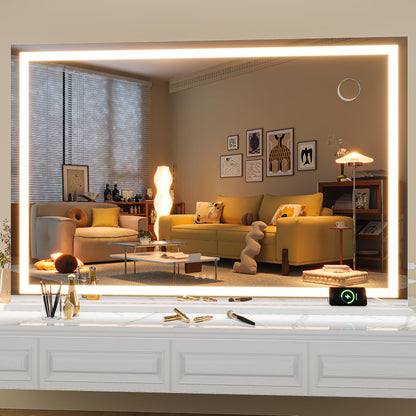 Hasipu Vanity Mirror with Lights 50" x 34" LED Makeup Mirror Lighted Makeup Mirror with Dimmable 3 Modes Touch Screen Control Vanity Mirror Square White