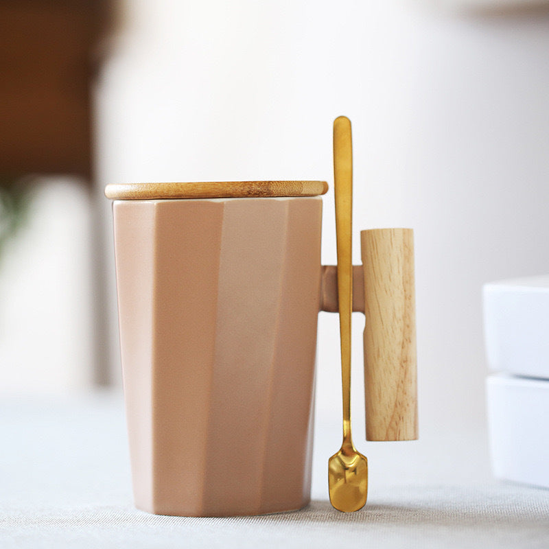 Customizable Ceramic Milk Mug with Wooden Handle