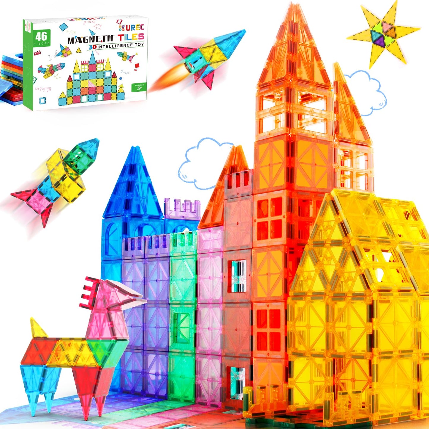 UREC Magnetic Tiles Kids Toys STEM Magnet Toys Kids Games Magnetic Blocks Building Toys Preschool Learning Sensory Montessori Toys for 3+ Year Old Boys and Girls Sturdy Toddler Toys