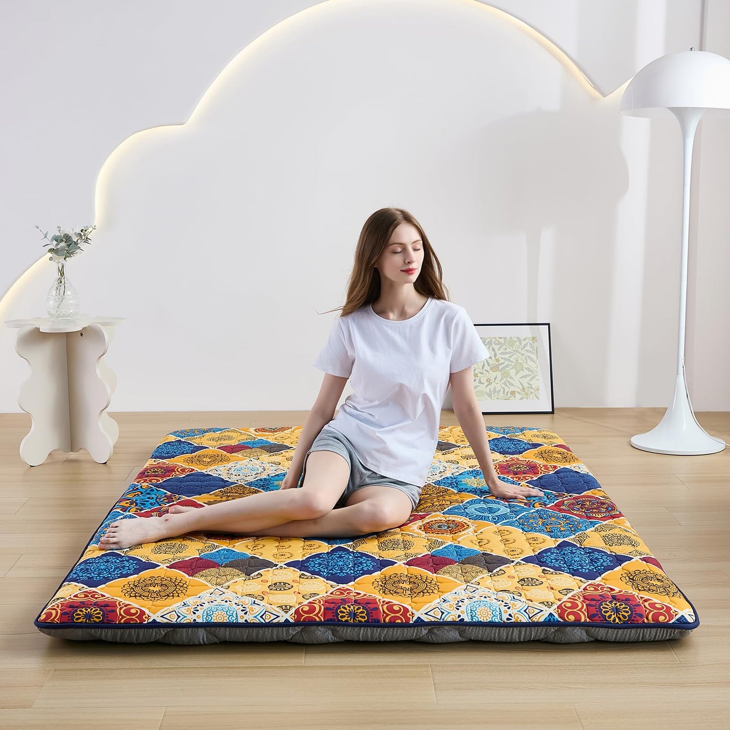 Zelladorra Japanese Floor Mattress Futon Mattress Full Size Anti Slip Floor Futon Mattress Sleeping Mat Foldable Floor Mattress for Camping and Guest Boho Orange Checkered