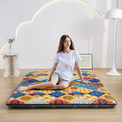 Zelladorra Japanese Floor Mattress Futon Mattress Full Size Anti Slip Floor Futon Mattress Sleeping Mat Foldable Floor Mattress for Camping and Guest Boho Orange Checkered