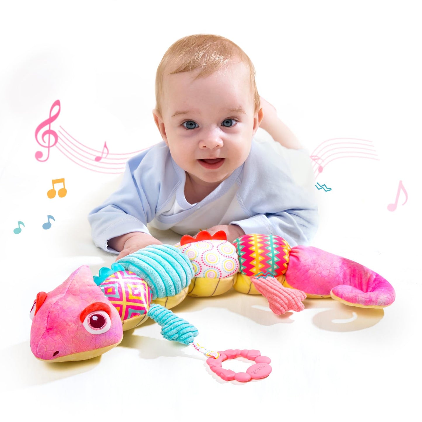 Baby Toys 0-6 Months Baby Musical Toys Infant Toys Stuffed Animal Toys with Rattles Crinkle Bell Baby Teething Toys for Tummy Time Newborn Sensory Boys Girls 0 3 6 12 Months (Pink Chameleon)