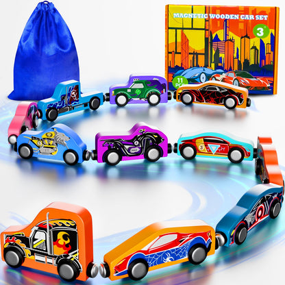 Toddler Boy Toys: 11 Magnetic Train&Car Set Toys for Boys 3 Wooden Toys for Toddlers Montessori Toys Superhero Toys Toddler Cars Easter&Birthday Gifts for Kids Boys Cars Toys for Kids