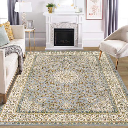 Washable Rug Living Room Rugs: 8x10 Area Rugs Large Machine Washable Non Slip Carpet Soft Floral Luxury Thin Carpets for Dining Room Bedroom Farmhouse Nursery Home Office Baby Blue