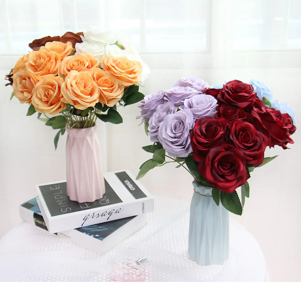 9 Heads 1 Bunch Camellia Rose Artificial Flower Holding Bouquets Party Wedding Scene Display Room Home Decor Fake Floral Gifts