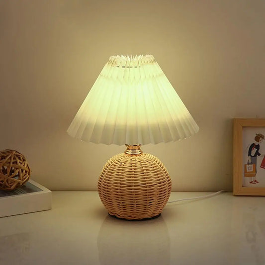 Rattan Pleated Table Lamp – Vintage USB Bedside & Desk Light for Bedroom