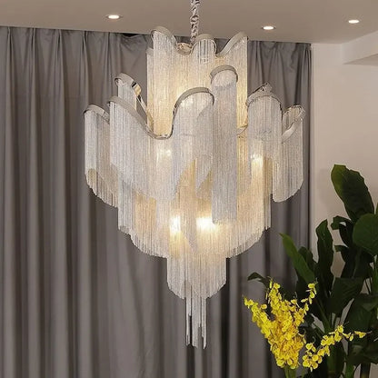 Floral Tassel Staircase Chandelier – Grand LED Pendant for Villa & Duplex Spaces