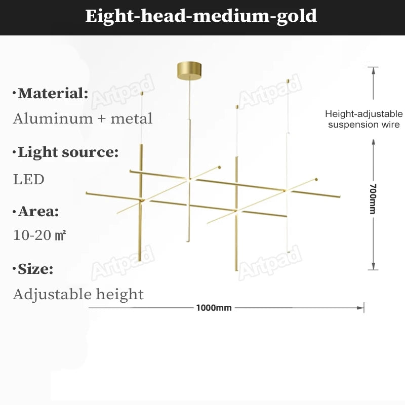 Italian Designer Tube Chandelier – Post-Modern LED Gold & Chrome Pendant Light