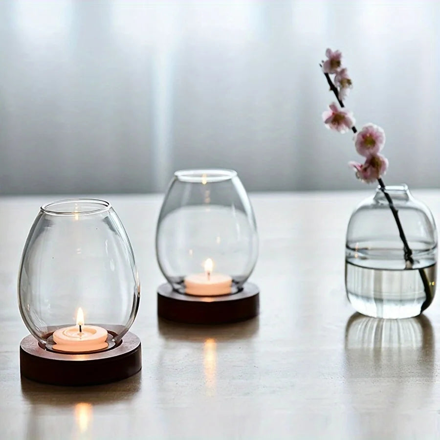 Glass Candle Holder with Wooden Base