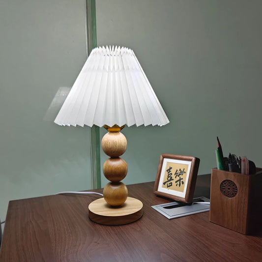 Solid Wood Nordic Table Lamp – Vintage Pleated LED Bedside & Desk Light