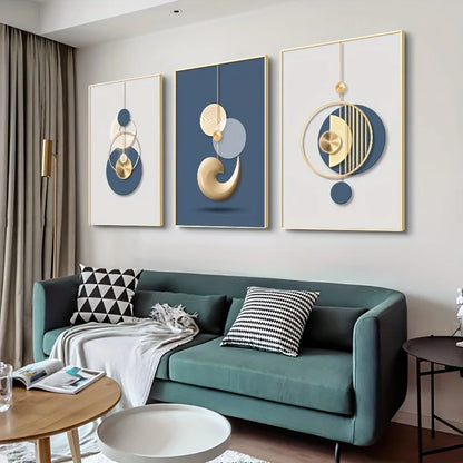 Gold & Blue Abstract Art Prints — Set of 3