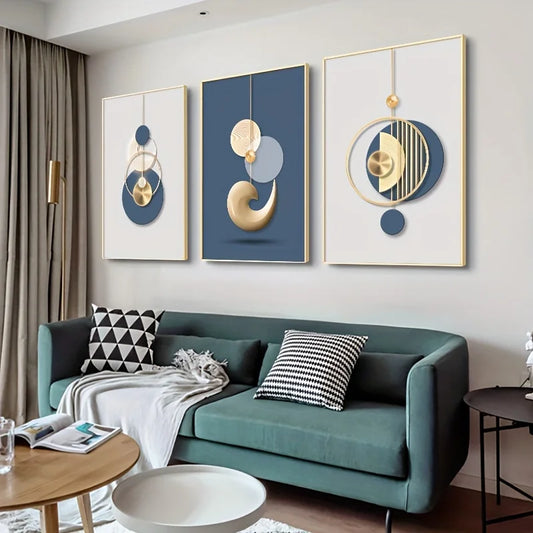 Gold & Blue Abstract Art Prints — Set of 3